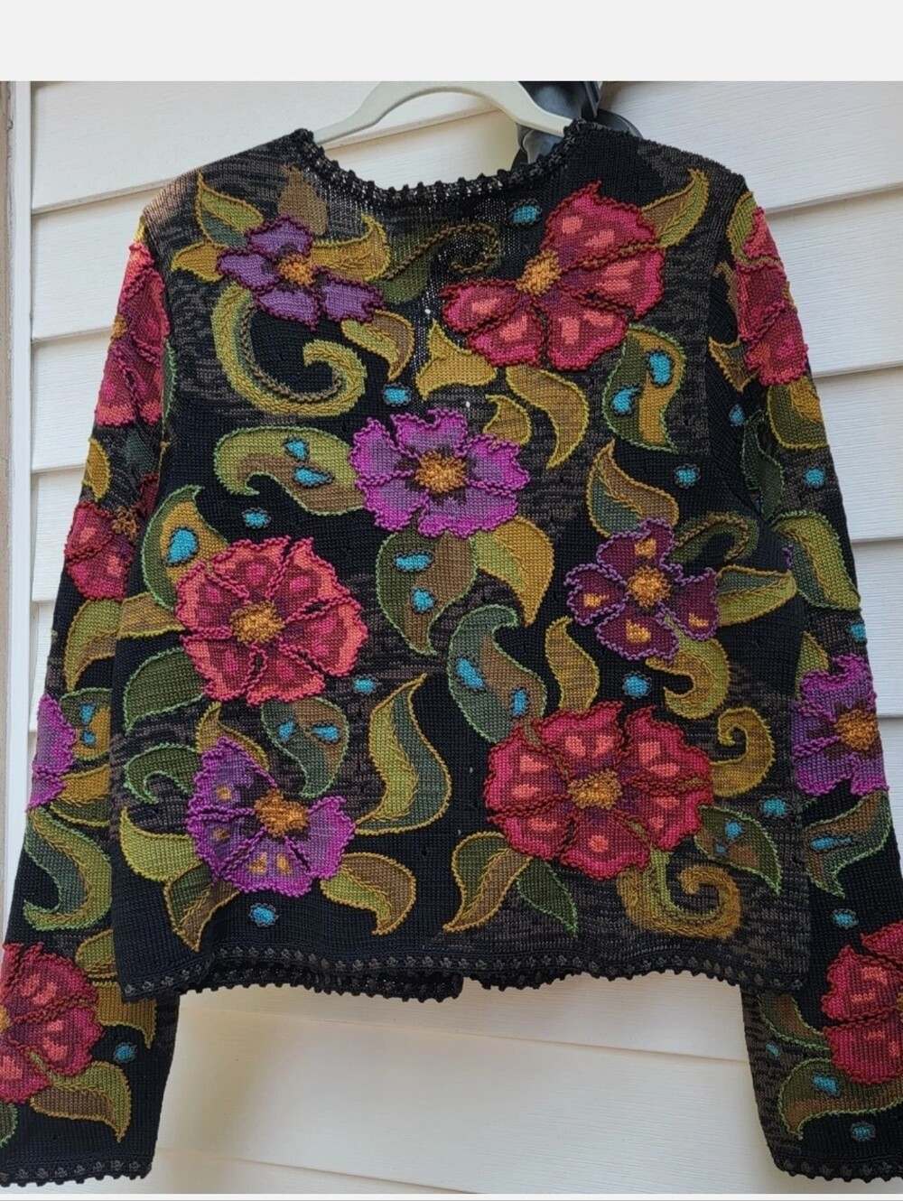 Peruvian Connection art knit handmade pima cotton cardigan XL floral Peru - Picture 2 of 16